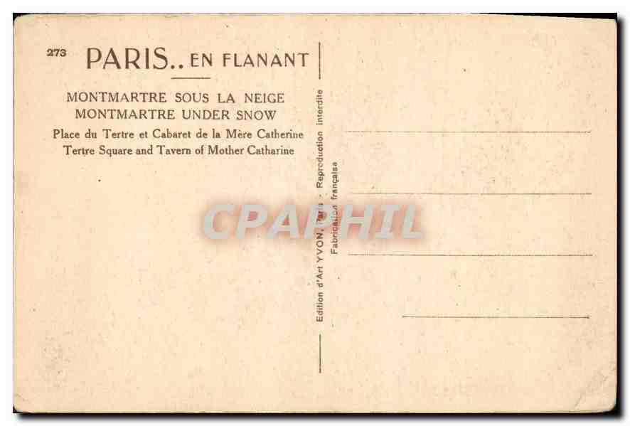 CPA Paris en Flanant Montmartre sous la Neige Place du Tertre et Cabaret de la Mere Catherine  — Rückseite