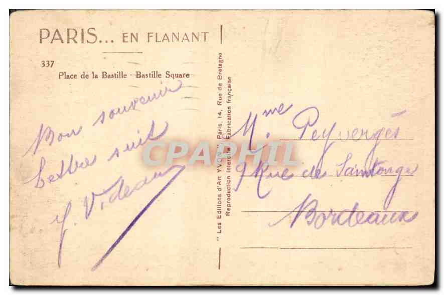 CPA Paris en Flanant Place de la Bastillle  — Verso