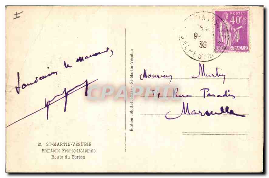 CPA St Martin Vesubie Frontiere Franco Italienne Route du Boreon  — Rückseite