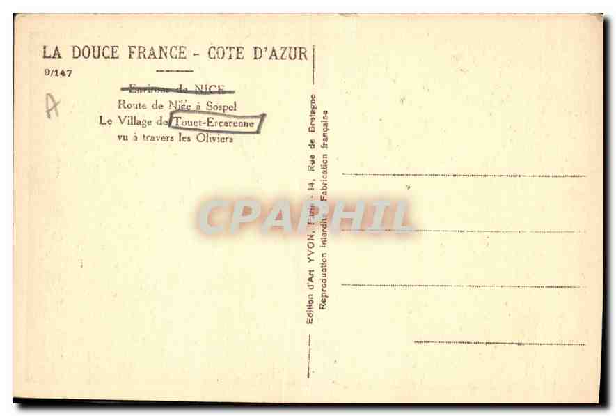 CPA La Douce France Cote d'Azur Route de Nice a Sospel  — Rückseite