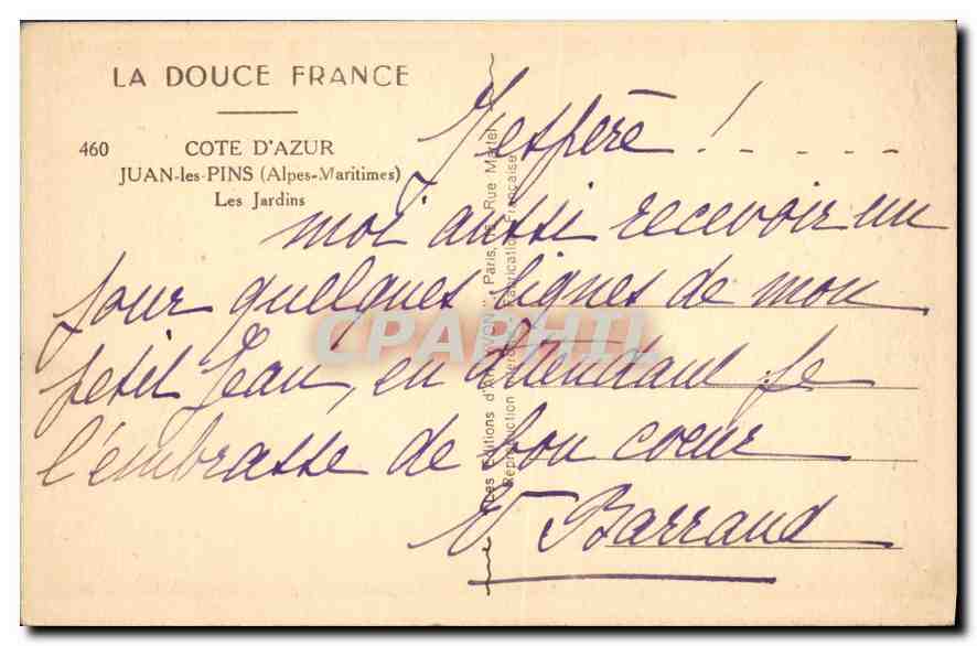 CPA Cote d'Azur Juan les Pins Alpes Maritimes Les Jardins  — Rückseite