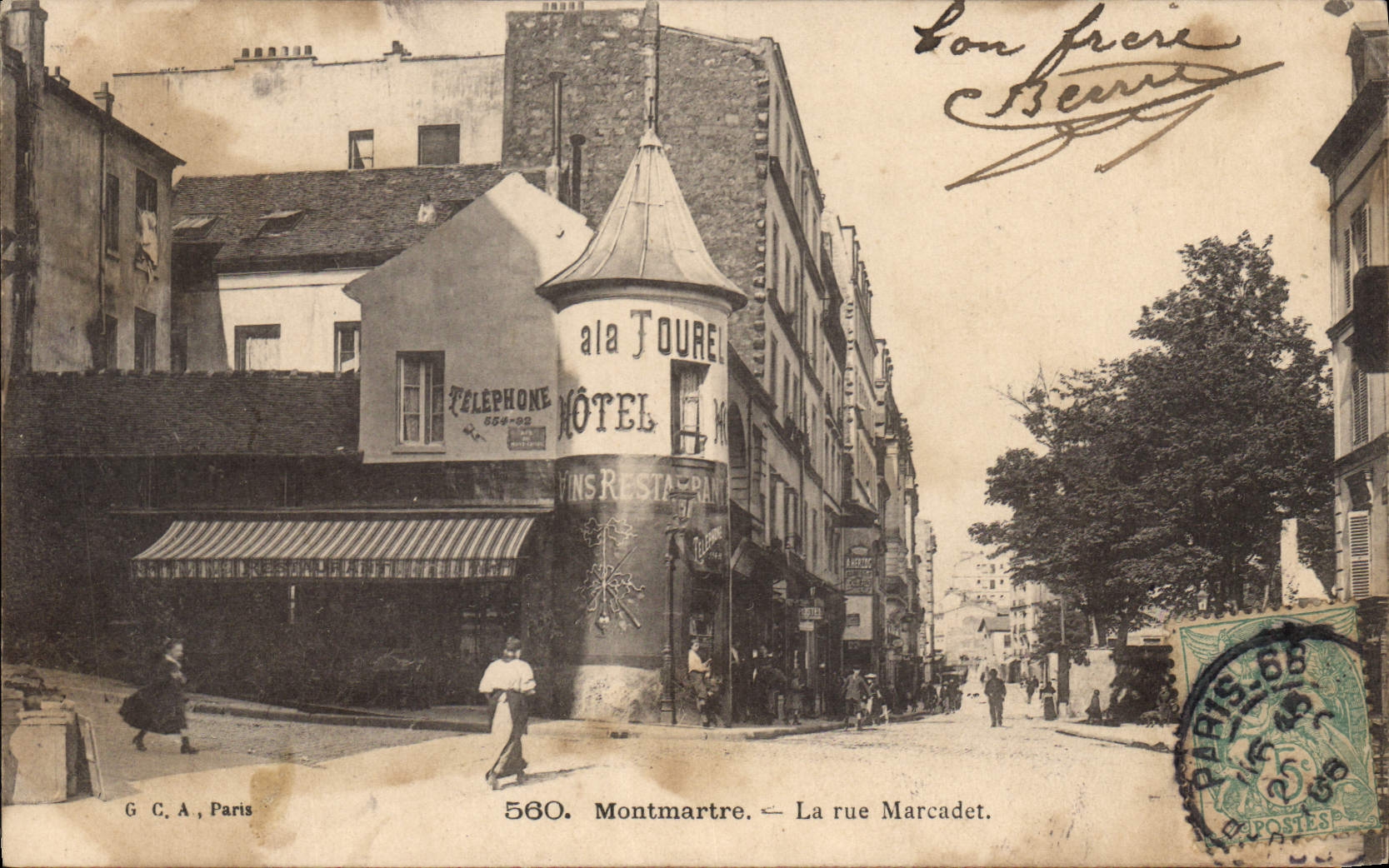 Montmartre — La rue Marcadet — Hotel la Tourel, editor G C A, París, n° 560 - Anverso
