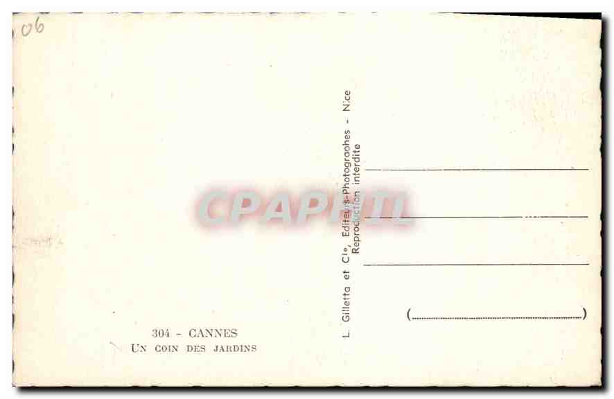 CPA Cannes Un Coin des Jardins  — Rückseite