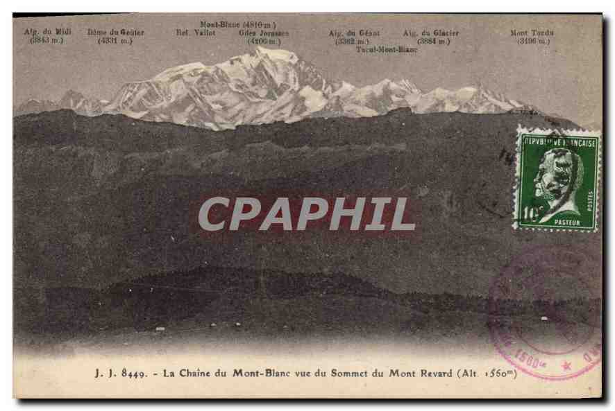 La Chaîne du Mont-Blanc vue du Sommet du Mont Revard (Alt. 1560m) — J.J. 8449 — Jullien frères, Genève