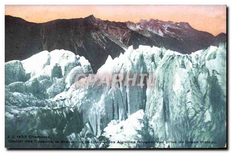 Glacier des Bossons, le Brevent et la Chaîne des Aiguilles Rouges — vue prise du Grand Plateau — J. J. 1455, Chamonix