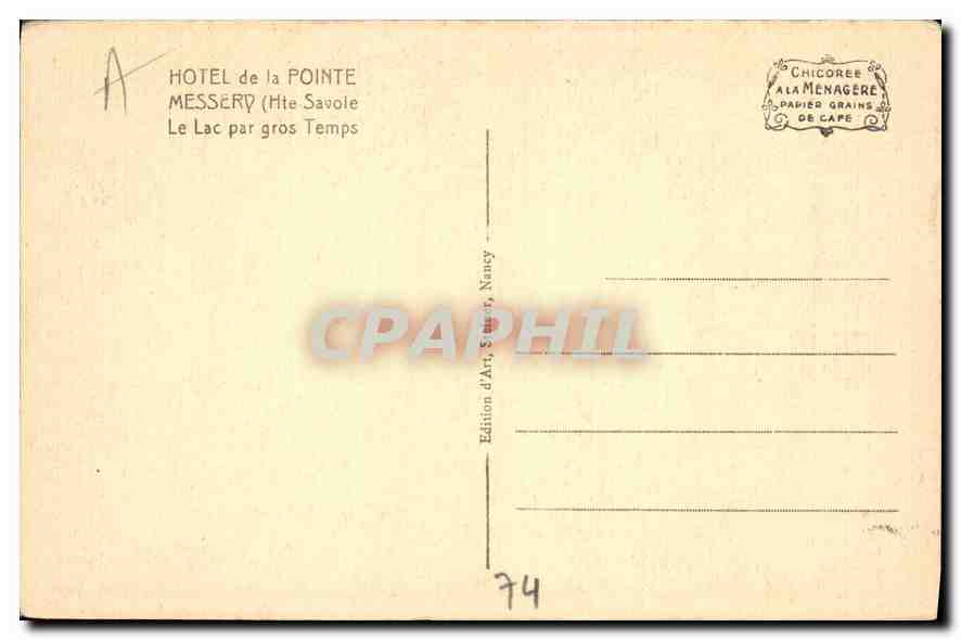 Le Lac par gros Temps — Hotel de la Pointe Messery (Haute-Savoie) — Édition d'Art Saurat, Nancy — Verso