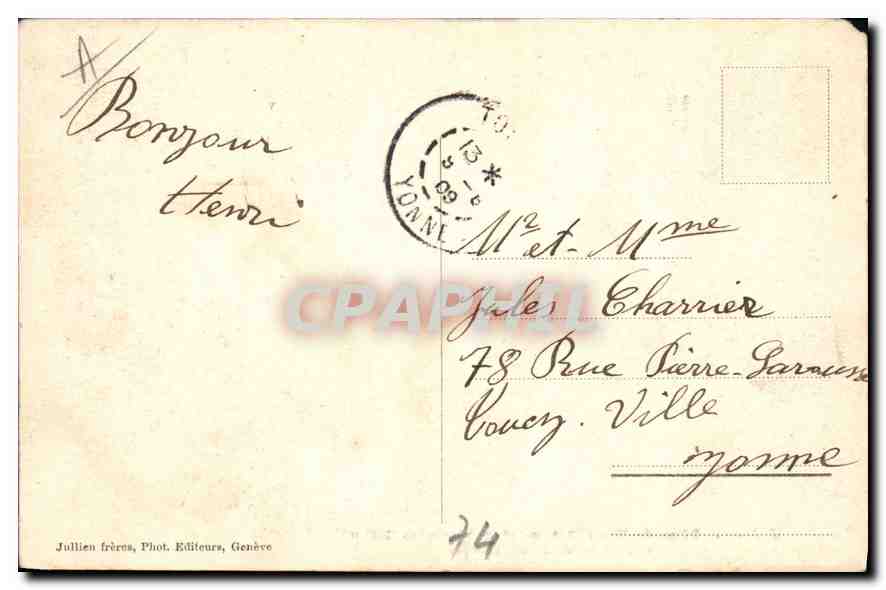 Dôme du Miage (3688 m) et la Bérangère (3491 m) vus de St. Gervais-les-Bains — J. J. 6874 — Jullien frères, Genève — Achterkant