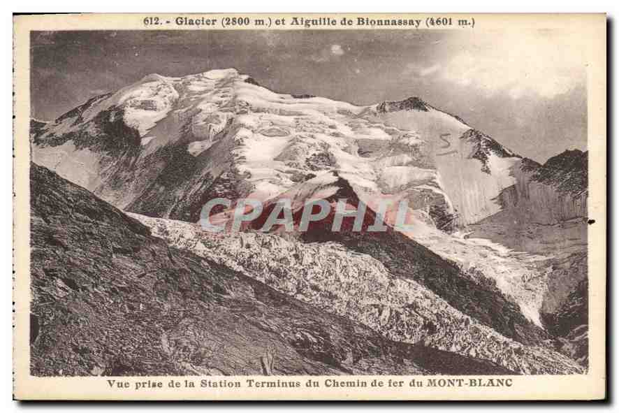 Glacier (2800 m.) et Aiguille de Bionnassay (4601 m.) — Vue prise de la Station Terminus du Chemin de fer du Mont-Blanc — L. Morand, Mogève