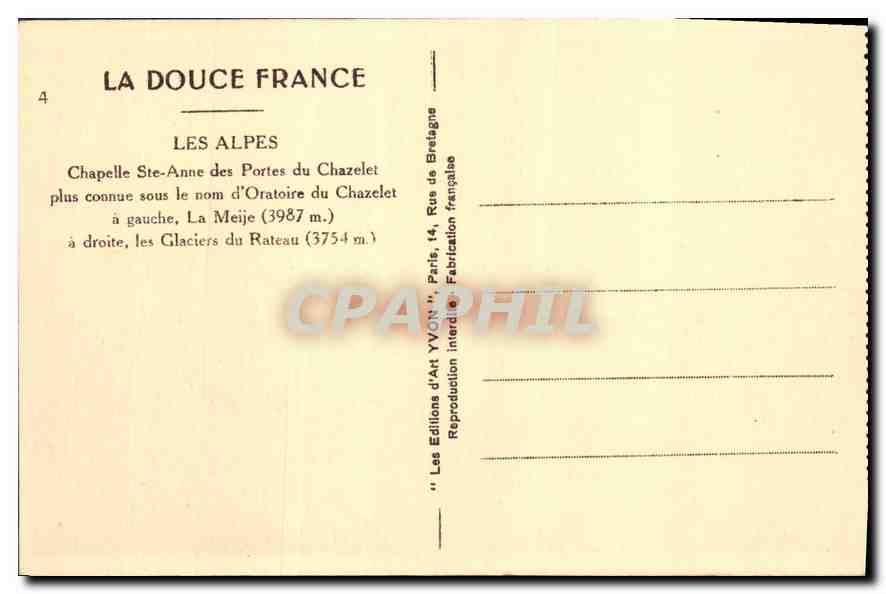 Les Alpes — Chapelle Ste-Anne des Portes du Chazelet (3987 m) et Glaciers du Râteau (3754 m) — Les Editions d'Art YVON, Paris — Rückseite