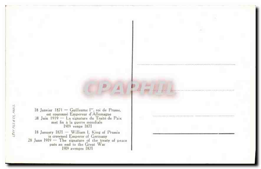 Signature de la Paix de la Grande Guerre — Galerie des Glaces, Palais de Versailles — Lévy Frères & Cie, Paris — Verso