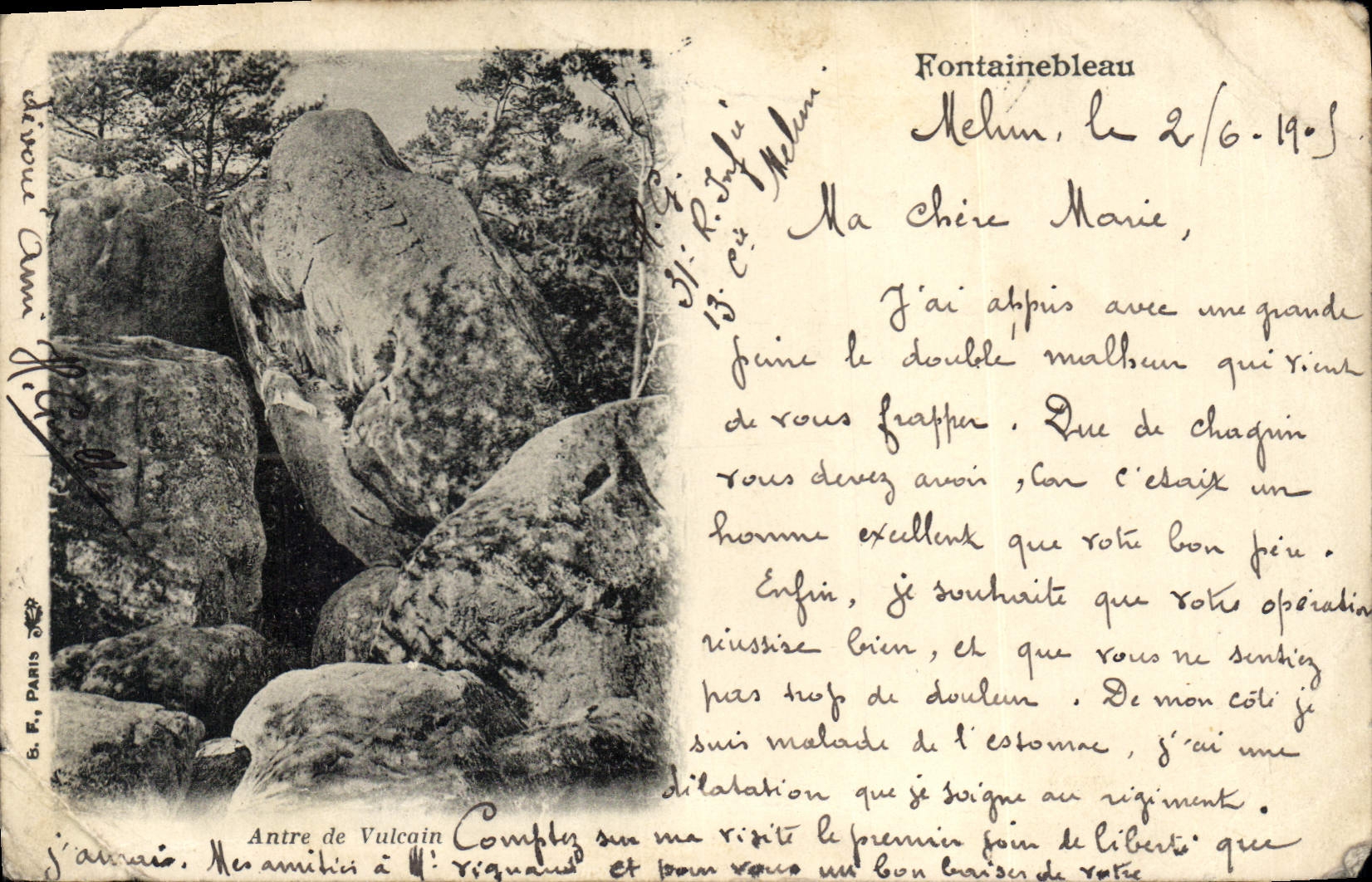 Tarjeta postal antigua Fontainebleau Antre de Vulcain