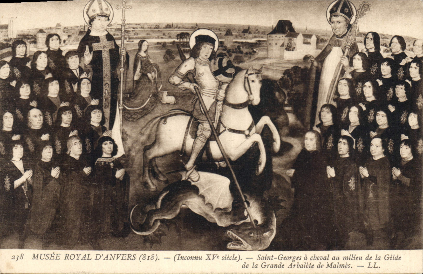 CPA Musee Royal d'Anvers Saint Georges a cheval au milieu de la Gilde de la Grande Arbalete de Malme