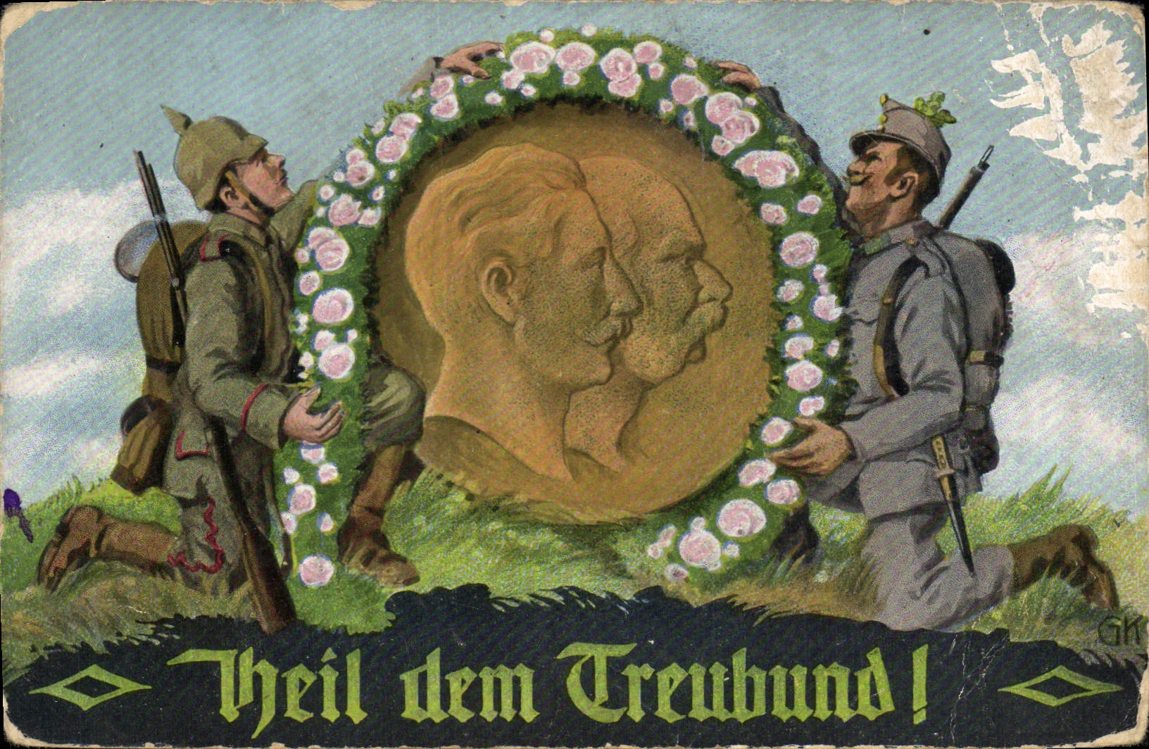 Twee soldaten die eer aandoen aan een profielbusto — 'Heil dem Treubund!' — uitgever GK