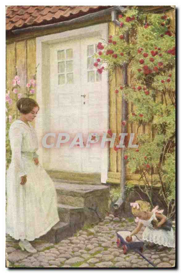 Mère et enfant — scène de jardin devant une maison — Paul Fischer, B. Schöner & Co. - Anverso