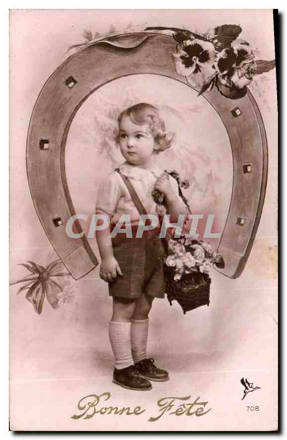 Enfant avec panier de fleurs — dans un cadre en forme de sabot — éditeur inconnu, n° 708