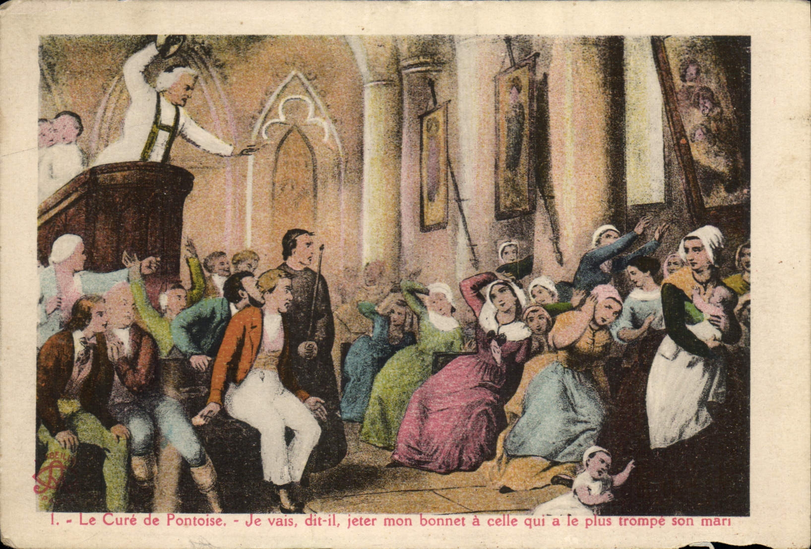 Le Curé de Pontoise — Je vais, dit-il, jeter mon bonnet à celle qui a le plus trompé son mari — Imp. Phot. « L’Abeille » Paris