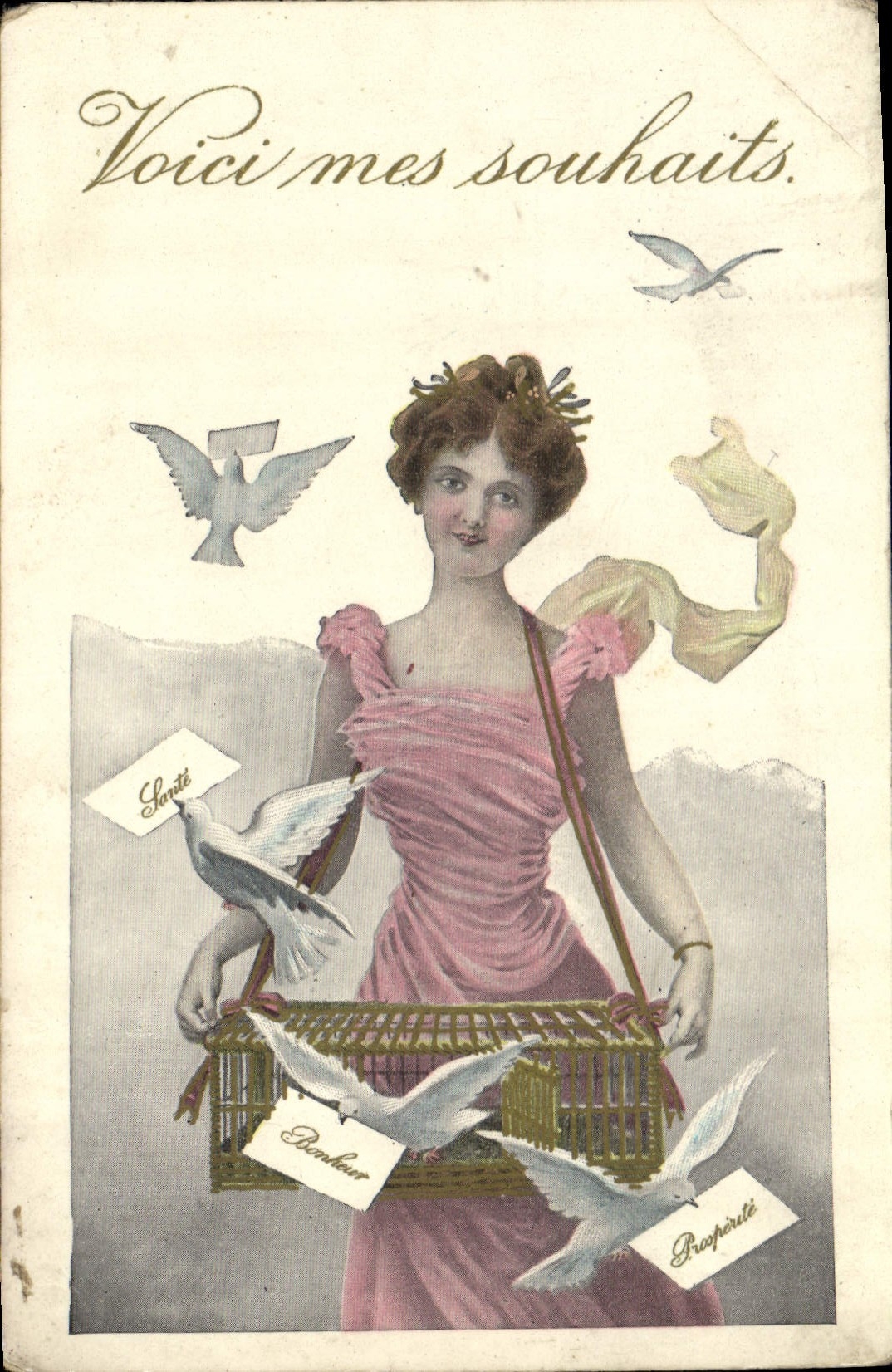 Femme tenant un panier de colombes — souhait de santé, bonheur, prospérité — éditeur non visible