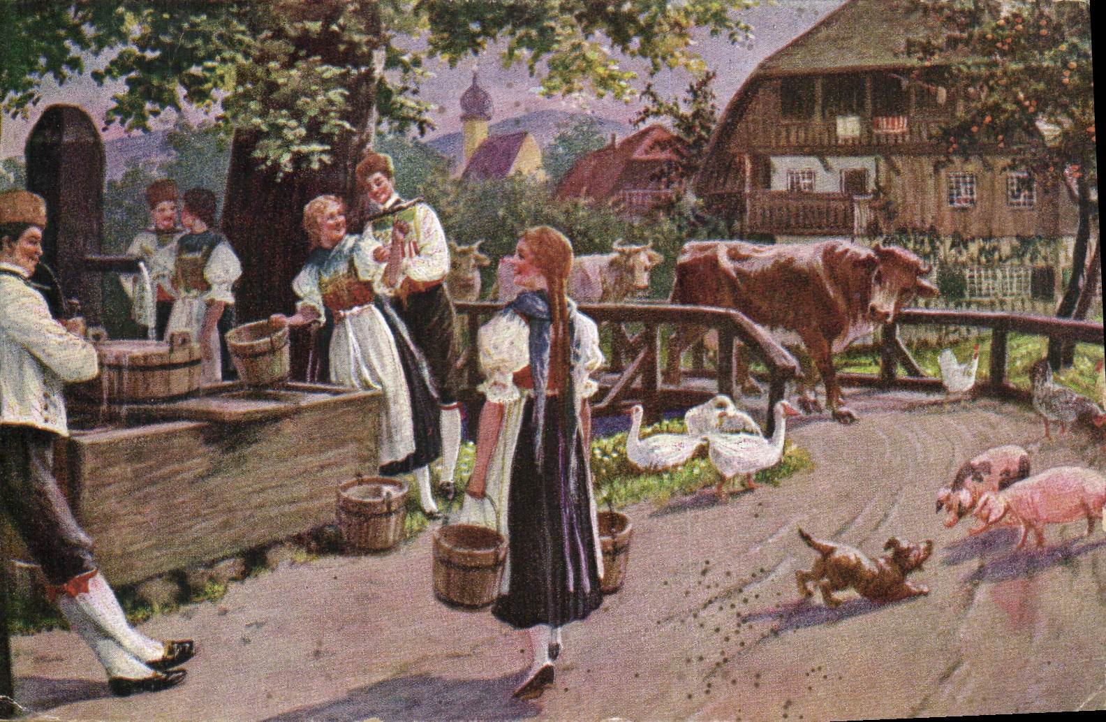 CPA Aus Serie Leben und Treiben im Schwarzwald Am Dorbrunnen Femme Cochons Porc