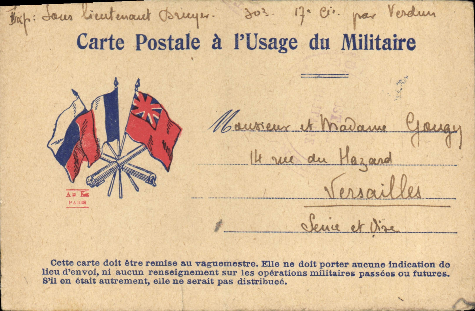 Carte postale a l'usage du militaire Militaria Gougy Versailles