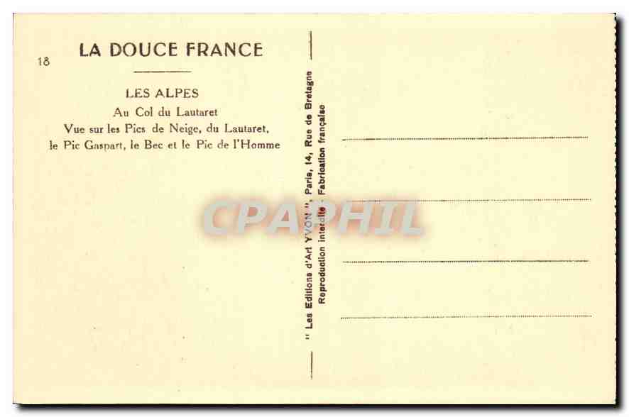 Les Alpes — Vue sur les Pics de Neige, du Lautaret, le Pic Gaspart, le Bec et le Pic de l'Homme — Les Editions d'Art YVON, Paris — Rückseite