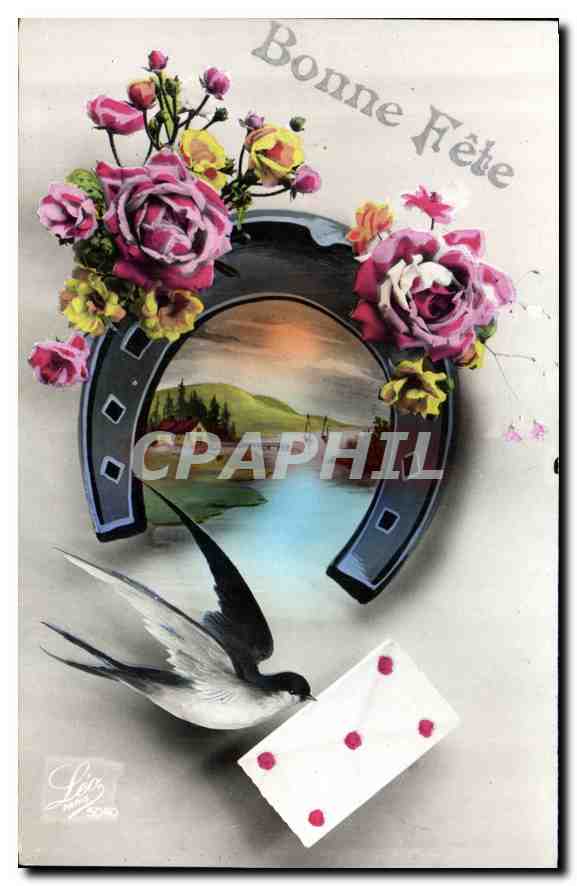 CPA Bonne fete Fleurs Hirondelle Fer a cheval