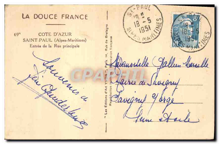 CPA La Douce France Cote d'Azur Saint Paul Alpes Maritimes Entree de la Rue principale  — Rückseite
