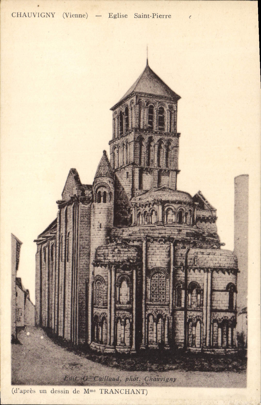 CPA Chauvigny Vienne Eglise Saint Pierre d'apres un dessin de Mme Tranchant 