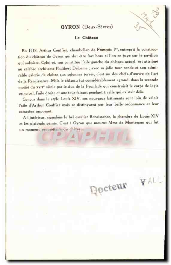 CPA Oyron Deux Sevres le chateau collection de la solution Pautauberge  — Rückseite