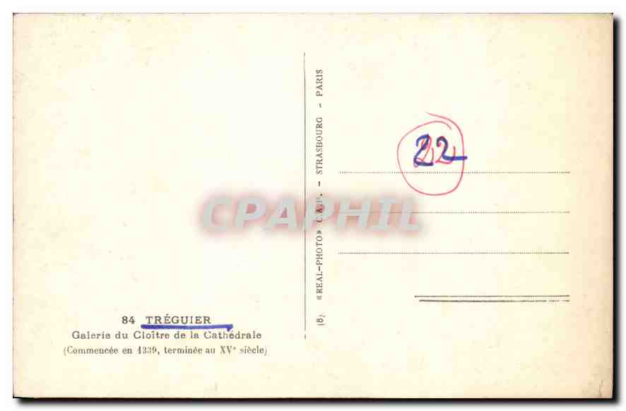 CPA Treguier Galerie du Cloitre de la Cathedrale Commencee en 1229 terminee au XV siecle  — Rückseite
