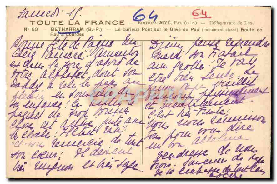 CPA Betharram B P le Curieux Pont sur le Gave de Pau monument classe Route de Pau a Lourdes  — Rückseite