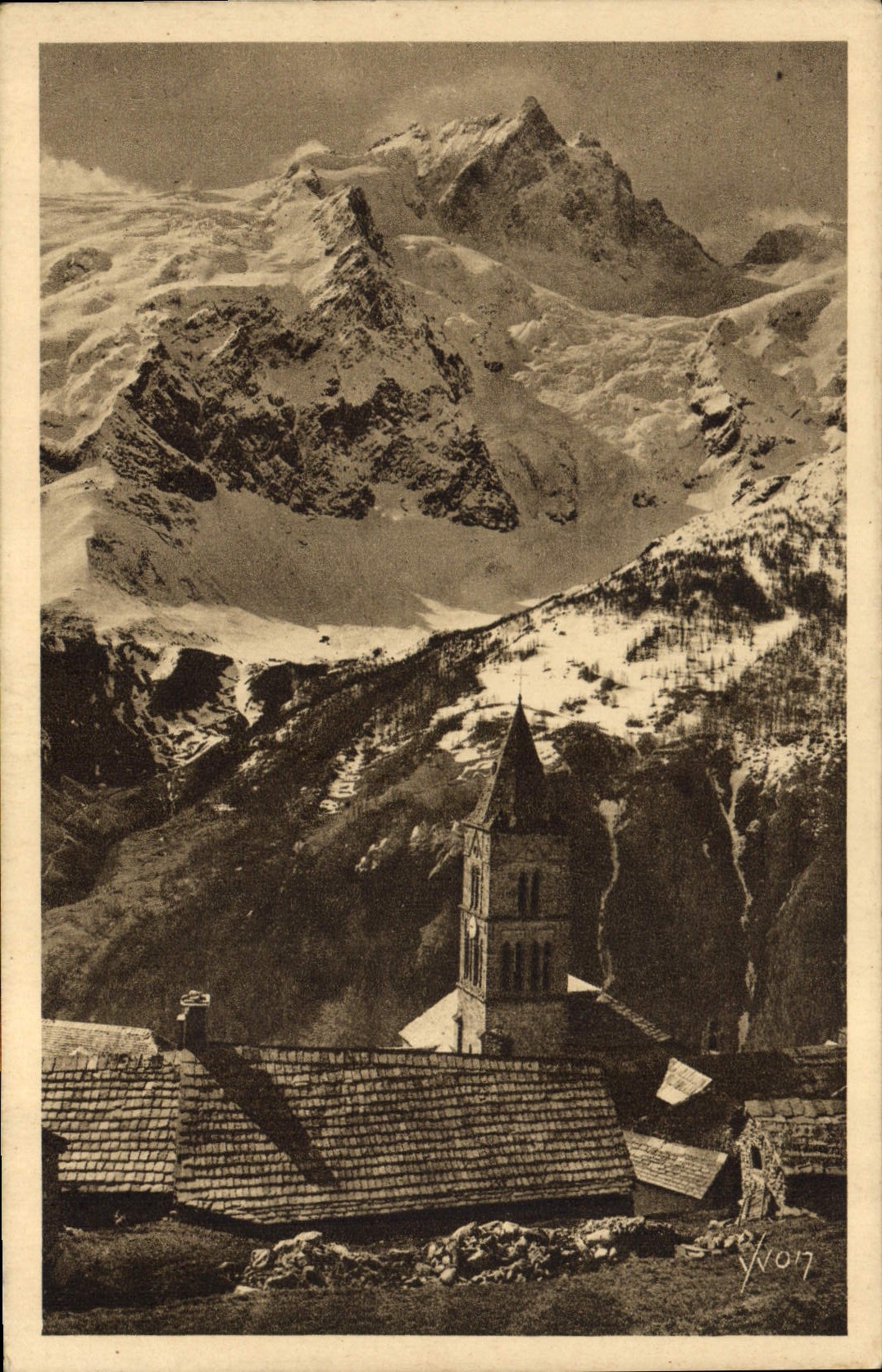 La Meije (3987 m.) et le vieux Clocher Roman du Village des Terrasses — Les Alpes — Éditions d'Art VON — n°12