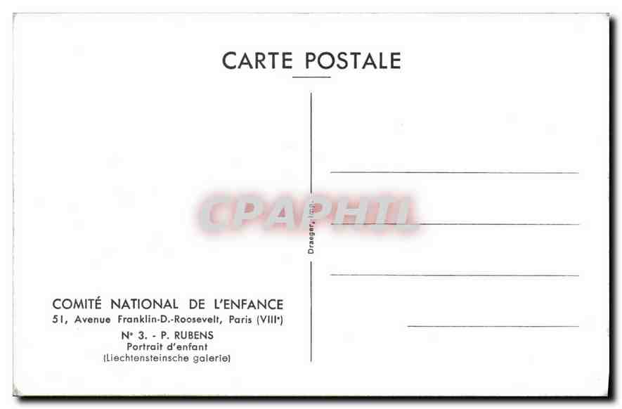 CPA Comite National de l'Enfance Avenue Franklin D Roosevelt Paris Rubens Portrait d'enfant Liechten — Verso