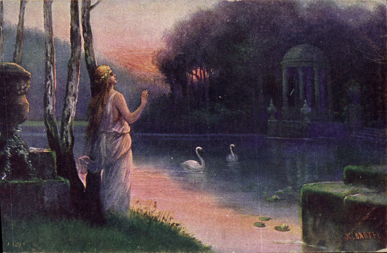 Femme en robe antique près d'un lac avec cygnes — peinture de K. Bartel — édition K. Bartel pins. n°201 - Anverso