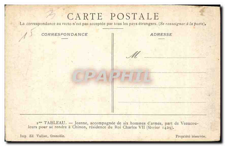CPA Tableau Jeanne accompagnee de six hommes d'armes part de Veaucouleurs pour se rendre a Chinon re — Verso