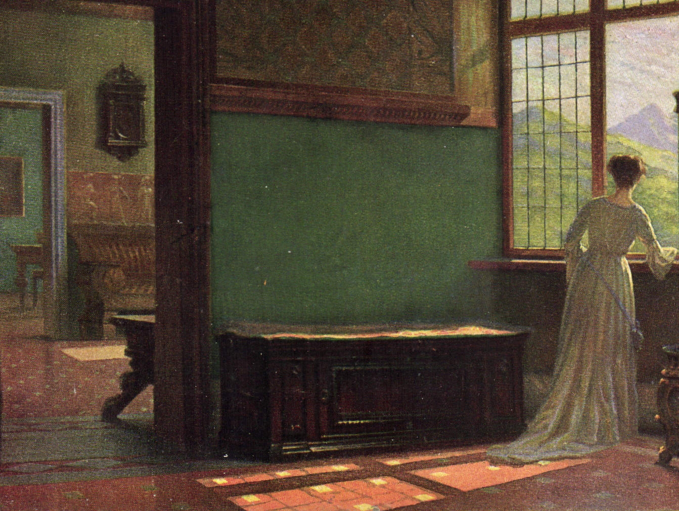 Femme en robe longue regardant par la fenêtre — intérieur de style ancien — Moderne Meister, Berlin, n° 250
