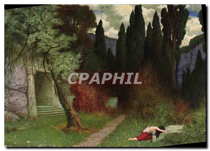 Femme abandonnée — scène de forêt avec temple antique — éditeur KEB, n°2