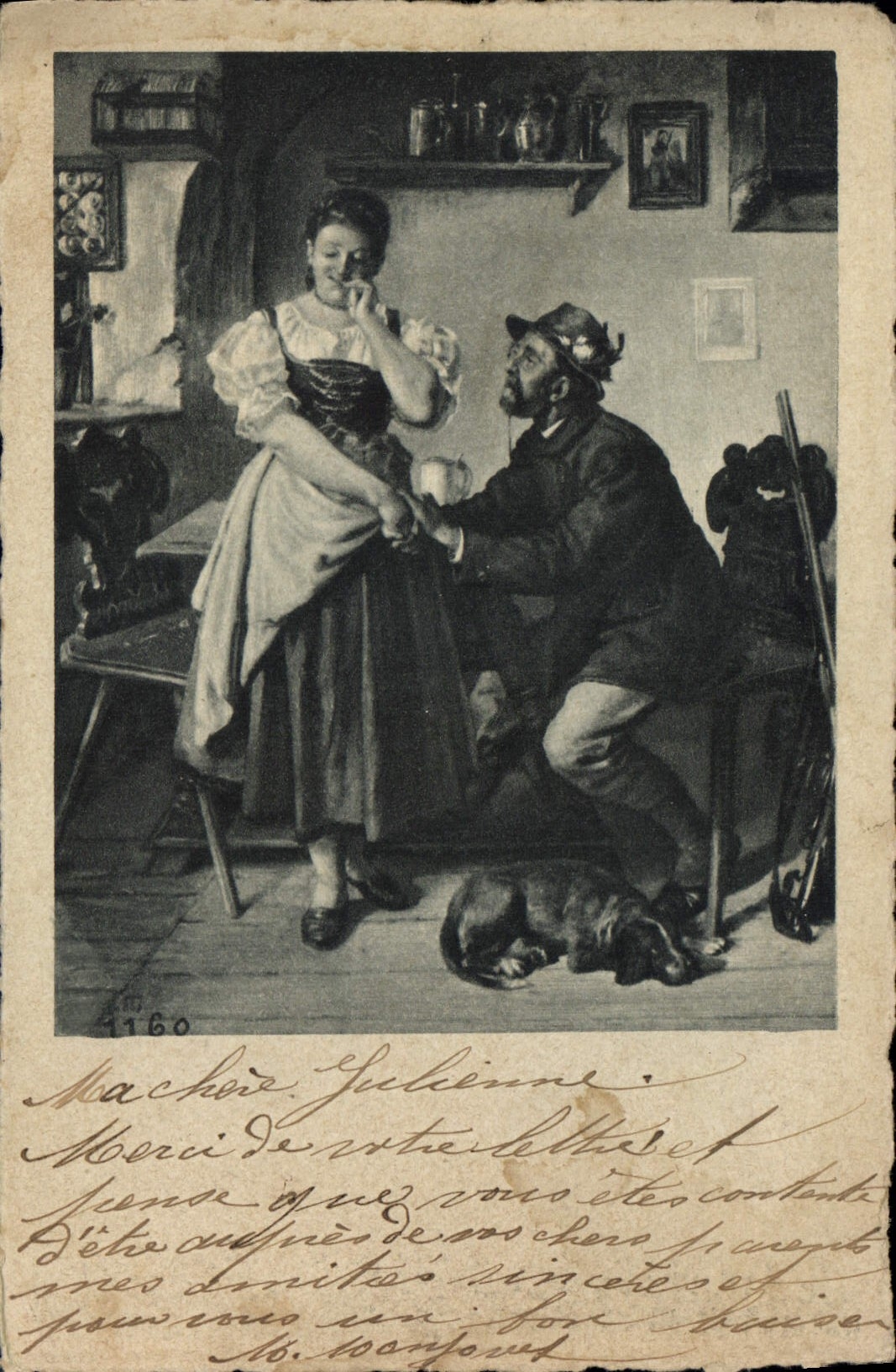 Scène de vie — Un homme s'agenouille devant une femme dans une pièce — éditeur Machore, n° 1160