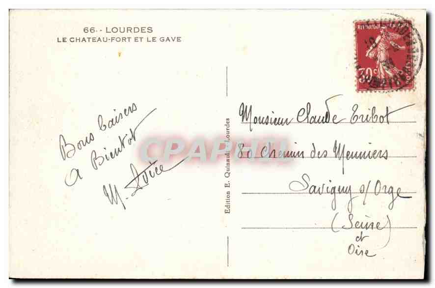 CPA Lourdes Le Chateau Fort et le Gave  — Verso