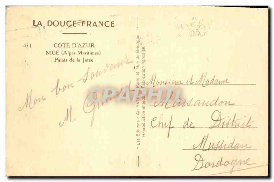 CPA Cote d'Azur Nice Alpes Maritimes Palais de la Jetee  — Verso