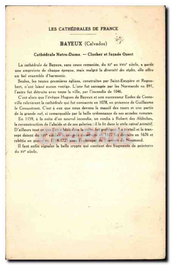 CPA Bayeux Calvados Cathedrale Notre Dame Facade Ouest  — Verso