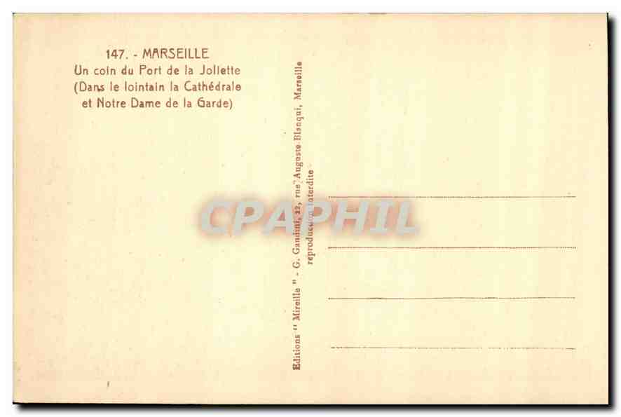 CPA Marseille Un coin de Port de la Joliette dans le lointain la Cathedrale et Notre Dame de la Gard — Rückseite