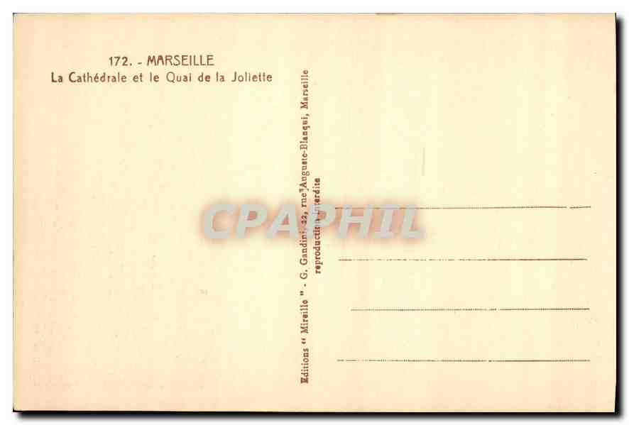 CPA Marseille La Cathedrale et le Quai de la Joliette Bateaux — Verso