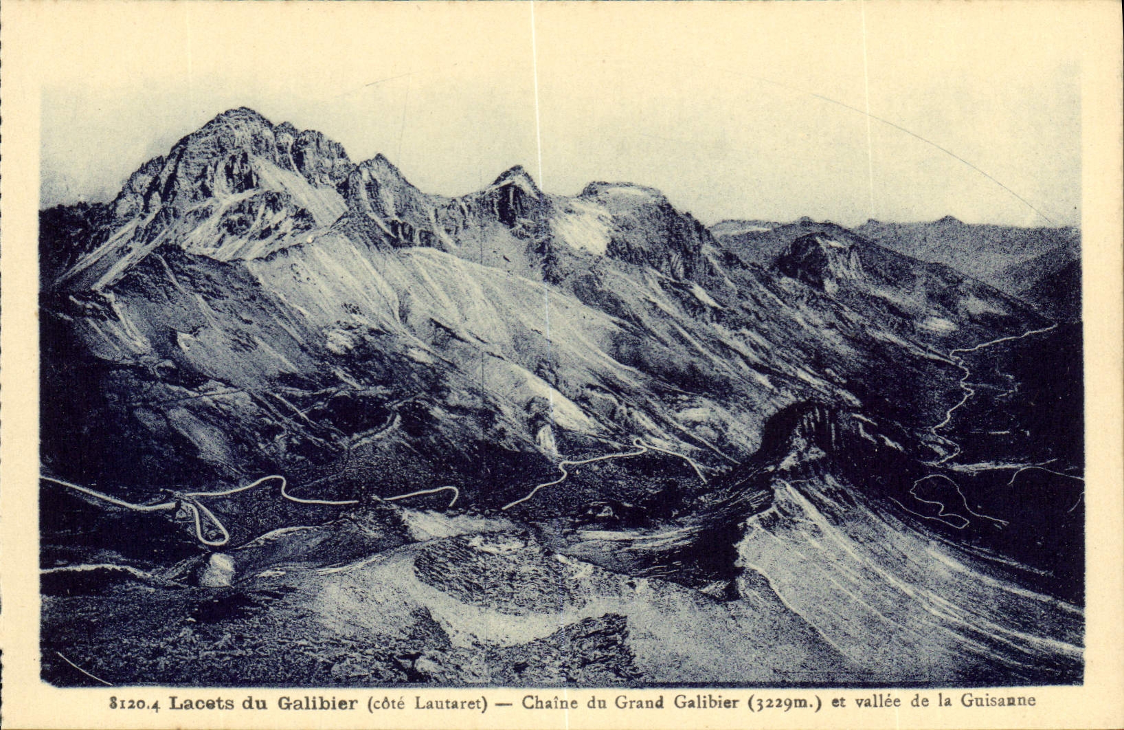 Lacets du Galibier (Seite Lautaret) — Kette des Grand Galibier (3229m) und Tal der Guisanne — Restaurant du Galibier, Grenoble