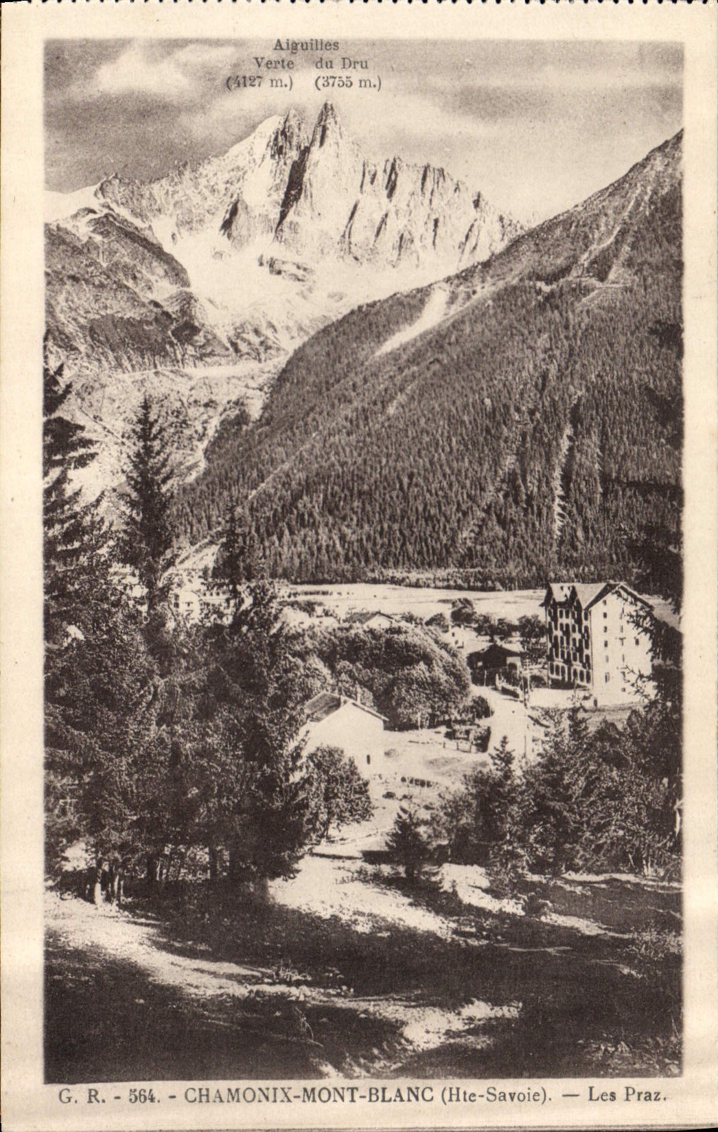 Les Praz — Vue des Aiguilles du Dru et de la Verté du Dru — G.R. 564 — Chamonix-Mont-Blanc (Haute-Savoie)