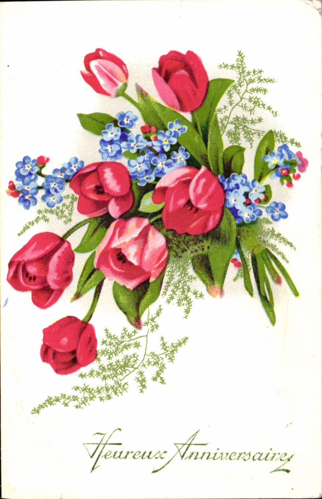 Bouquet de tulipes et de fleurs bleues — Félicitations d'anniversaire — Fleurs GIL