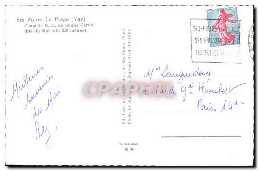 CPA Souvenir de Notre Dame du Mai Six Fours la Plage Chapelle Nd de la Bonne Garde — Rückseite