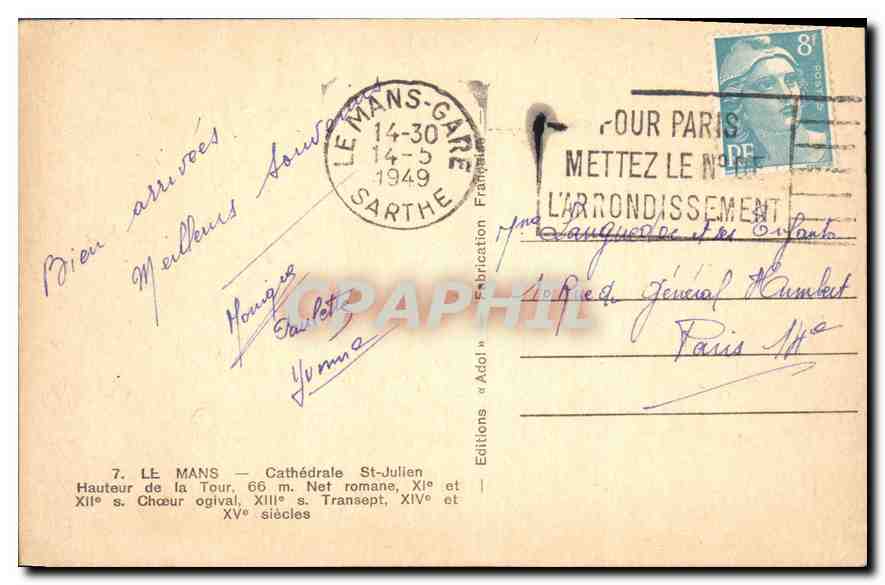 CPA Le Mans Cathedrale St Julien Hauteur de la Tour  — Rückseite
