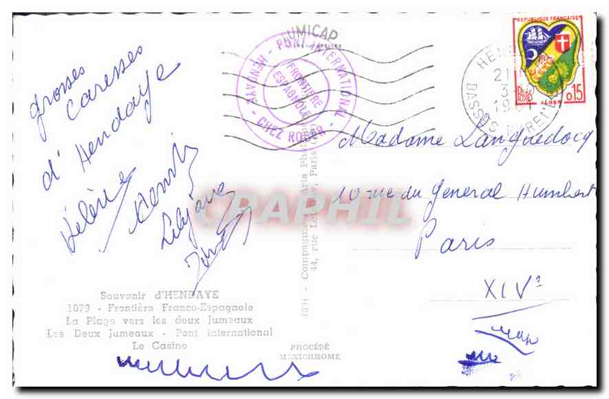 Hendaye — Frontière France-Espagne — éditeur PROCÉDÉ MEXICHRÔME, n°1073 — Rückseite