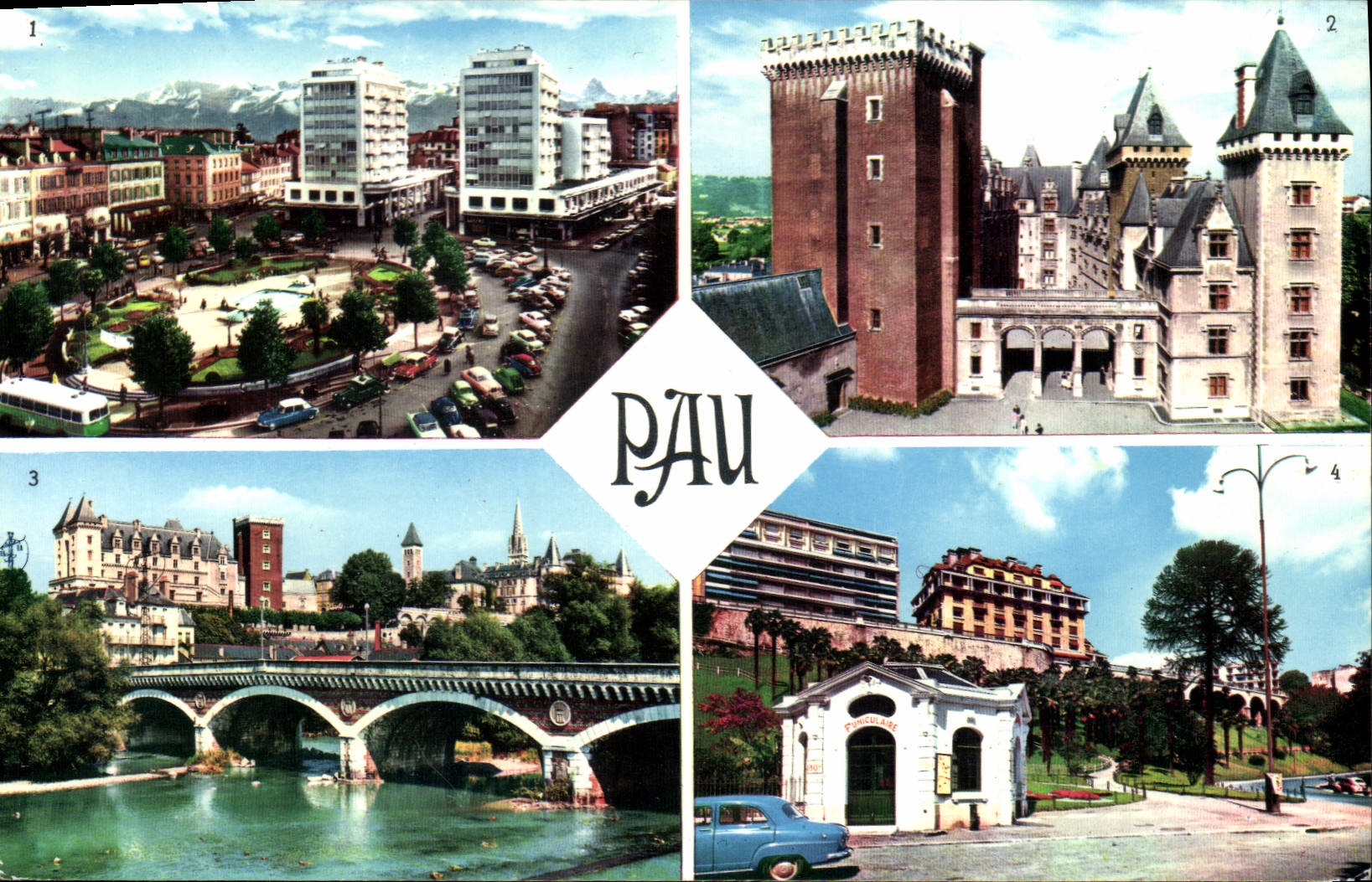 Pau — Vue panoramique avec château, pont et place — Éditeur : REX, n° 10