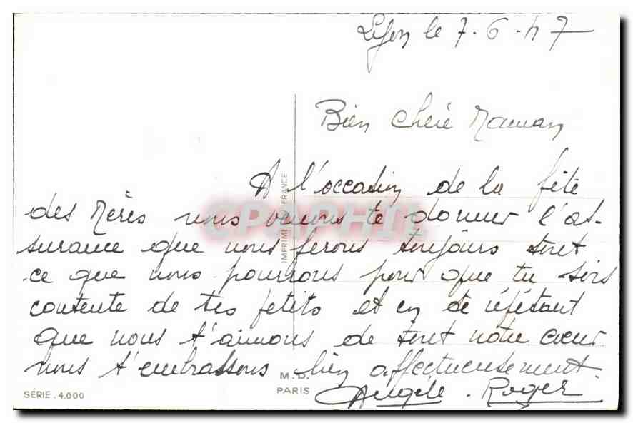 Fête des Mères — bouquet de pivoines et mimosa — Série 4.000, M.D. Paris — Rückseite